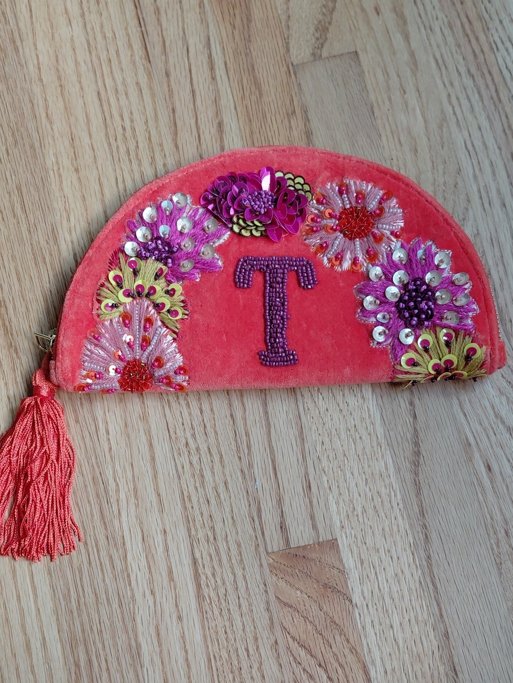 Anthropologie Coral Velvet Beaded Tassel Clutch with Floral Embroidery